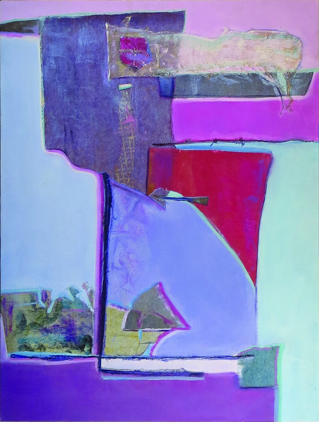 Abstract collage in pink and purple collage and oil on canvas