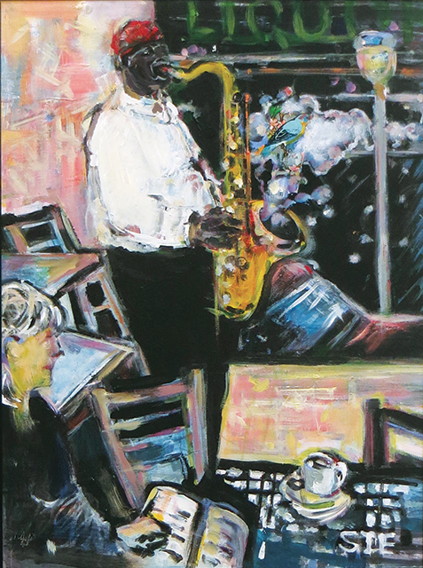 Steven Epstein-"CoffeeShop Jazz" acrylic news print decal on hardboard