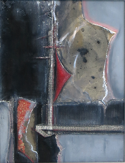 Collage in Black and Silver - collage on canvas by Joan sonnenfeld