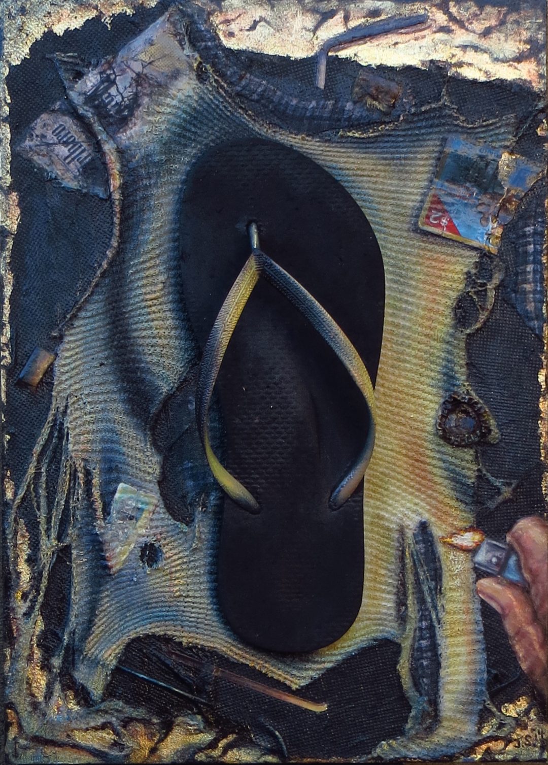 Flip Flop of Antiquity collag and oil on canvas by Joan Sonnenfeld