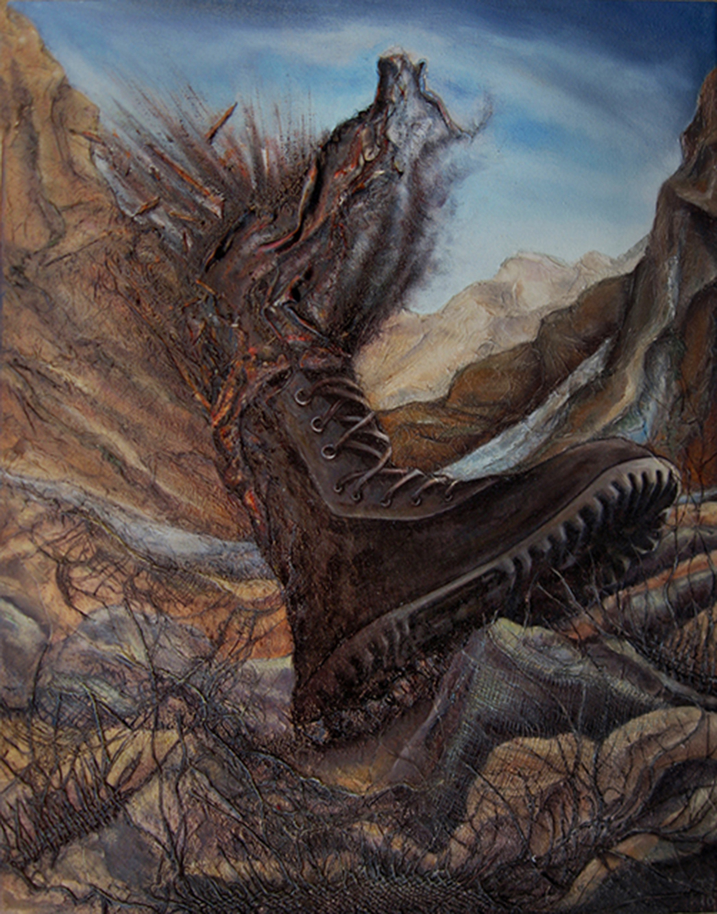 Smoking Boot collage and oil by Joan Sonnenfeld