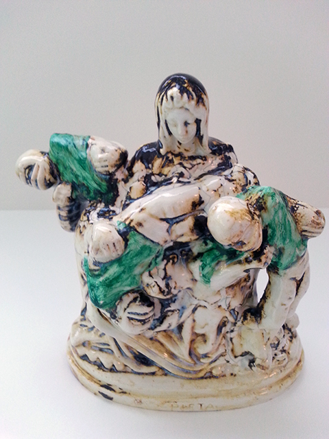 Kelly Clark “Hail Mary” sculpture: clay with glaze and acrylic paint