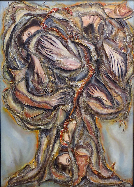 Joan Sonnenfeld “Angel caught in a Nuclear cloud” collage on canvas